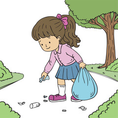 Vector Illustration of a Girl Cleaning Up Litter in the Park - Isolated Eco-Friendly and Environmental Awareness Concept