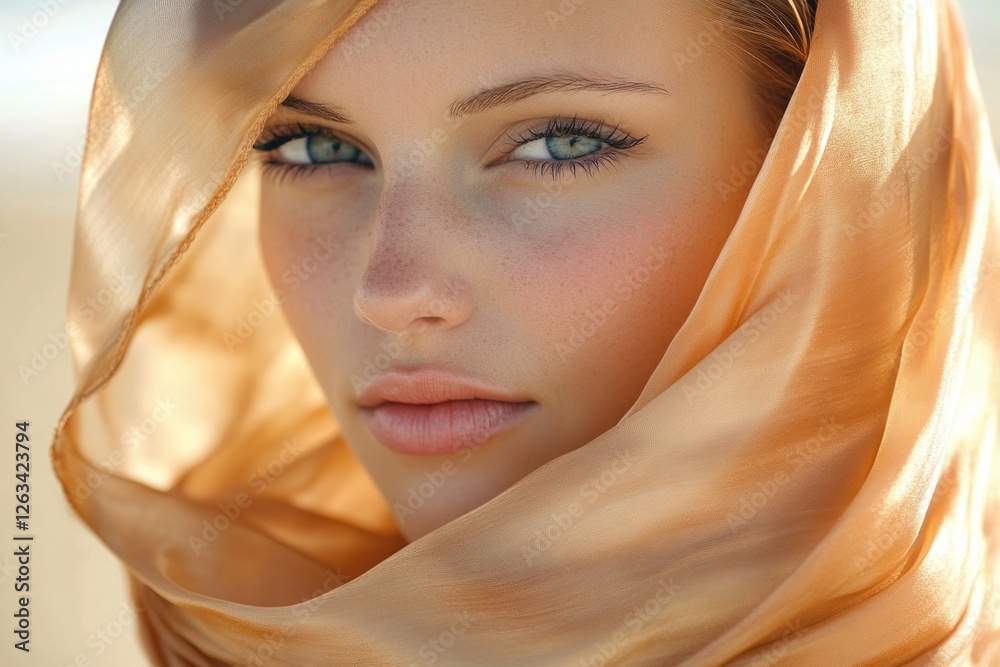 Poster a close-up shot of a woman with a scarf covering her head, great for using in scenarios where the su