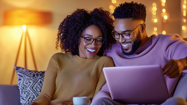 Smiling Mature Couple Enjoying Good News on Laptop at Home