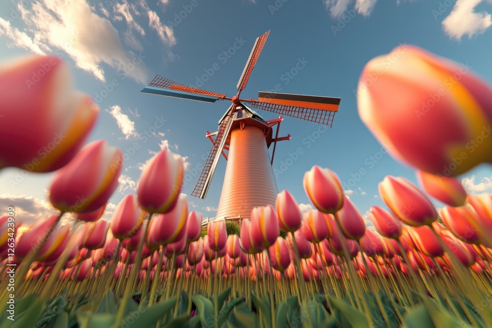 Poster a windmill standing tall amidst a vibrant field of colorful tulips, great for use in spring-themed d