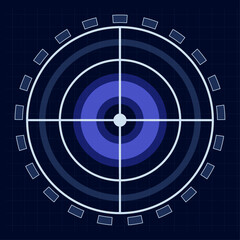 Futuristic head up display - HUD - interface featuring a target with concentric circles, crosshair, and digital infographic elements for data analysis and technology concepts