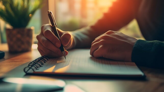 Therapist engaged in deep reflection while writing notes in natural light with a plant nearby
