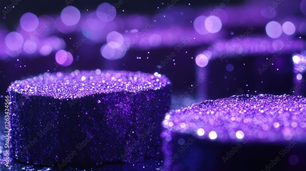 Poster a close-up view of a delicious-looking purple cake on a table