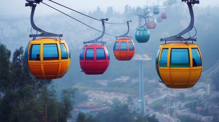 Obraz premium Colorful cable cars ascend misty mountain.
