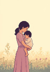 mother and child against plain background ideal to use as negative space to add text illustration in pixel art style