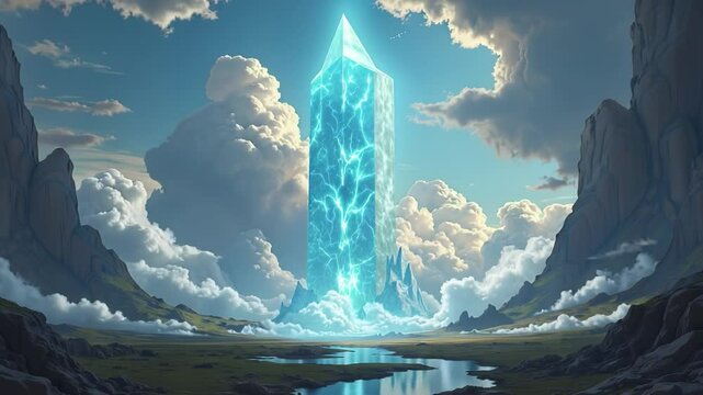 Fantasy landscape with massive glowing crystalline monolith towering into the sky, shimmering and translucent textures, soft clouds, epic and surreal atmosphere
