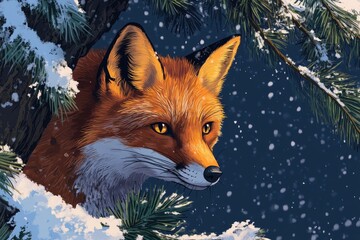 Obraz premium A red fox peers from behind a snow-covered pine tree in a winter wonderland.