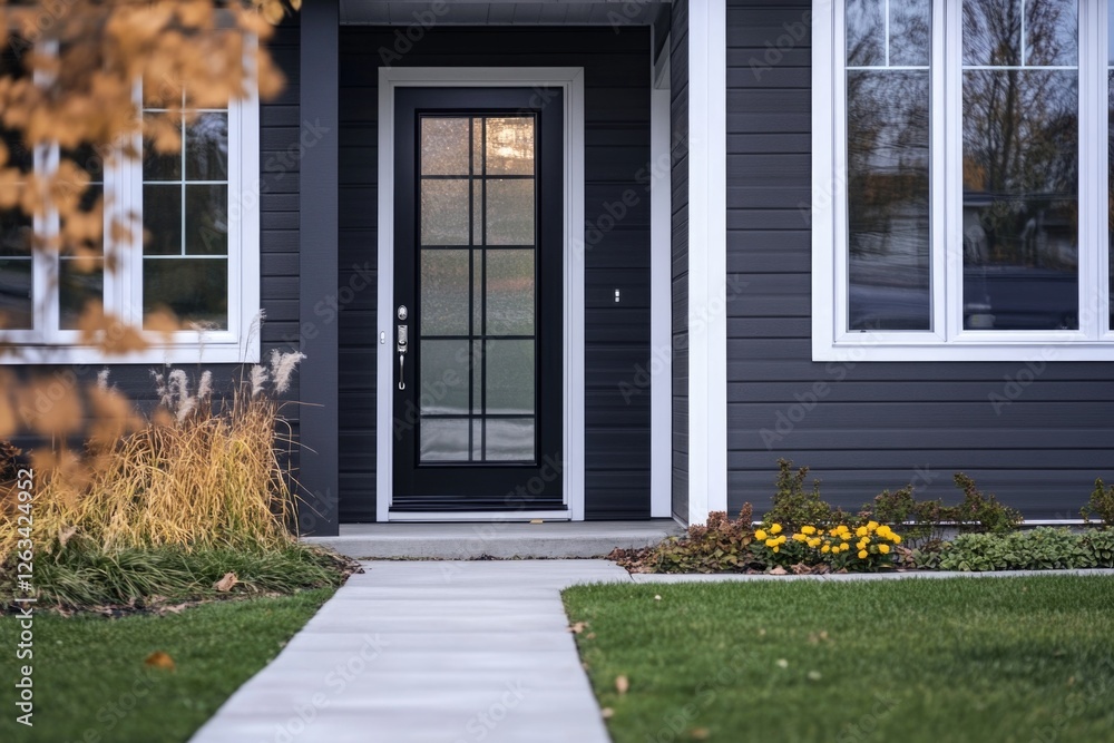 Aufkleber a house with a distinctive black front door and white trim, suitable for use in architectural or int