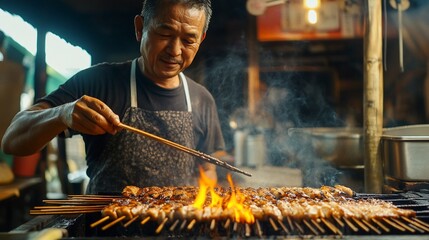 Fototapeta premium Asian Street Food Vendor Grilling Delicious Skewers: Authentic Culinary Experience in a Vibrant Market Setting