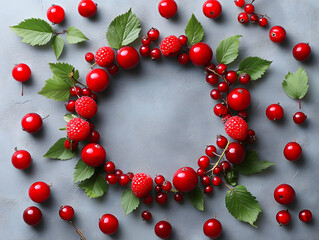 Obraz premium Vibrant Arrangement of Fresh Red Berries and Leaves Creates a Natural Wreath on a Textured Gray Surface