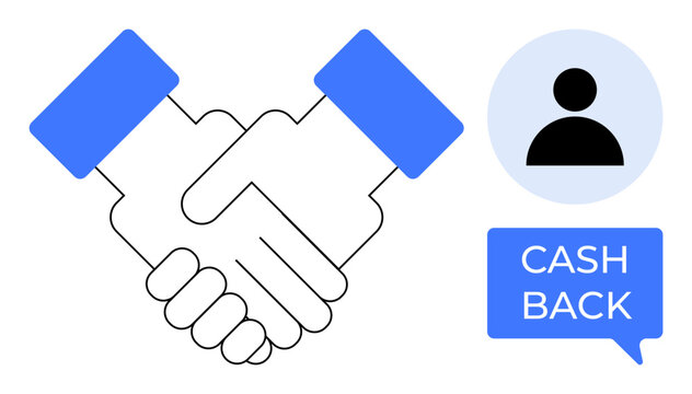 Cartoon business handshake outlined in black and blue. Person silhouette icon right, CASH BACK speech bubble below. Ideal for business deals, partnerships, financial transactions, online shopping