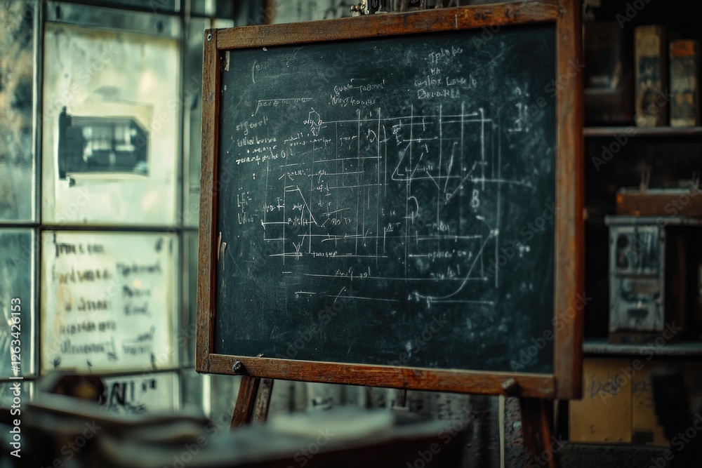 Aufkleber a blackboard with written notes in front of a sunny window