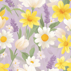 A fresh floral illustration with light, airy blooms like daisies, buttercups, and tulips in soft hues of yellow, lavender, and pale pink. The design has a springtime feel, evoking freshness and