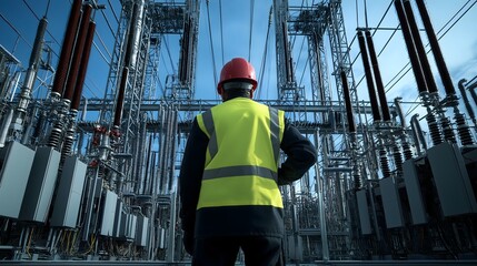 Technician in bright yellow safety vest overseeing electrical substation operations during daytime hours