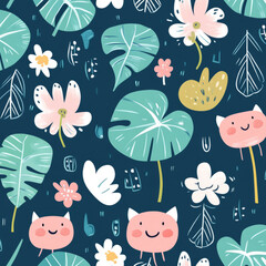 A playful tropical plant illustration featuring cute cartoon-style monstera, palm leaves, and jungle flowers. Bright pastel colors and a fun, whimsical aesthetic make this design perfect for childrenâ