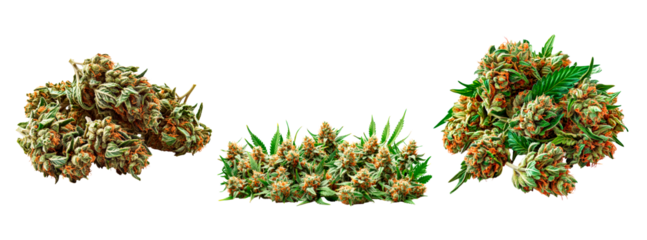 Set of pile of dried cannabis buds isolated on transparent background