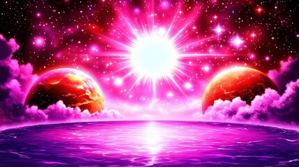 Celestial Glow Radiating from Ocean Surface Under Cosmic Sky with Vibrant Colors and Surreal Effects