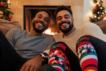 Obraz premium Diverse gay male couple wearing Christmas socks at fireplace at home 
