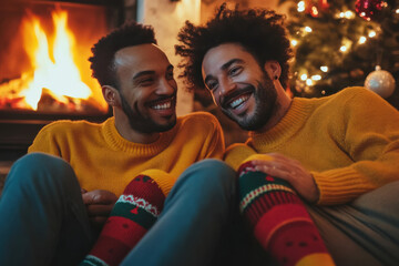 Diverse gay male couple wearing Christmas socks at fireplace at home
