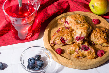Pear and raspberry scones. Fresh pastries