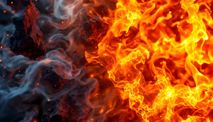 Fototapeta premium Fiery Clash of Fire and Embers. A dramatic close-up showcasing the intense contrast between raging fire and smoldering embers