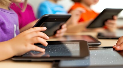 Engaged Students in Classroom Using Tablets for Interactive Learning and Educational Activities