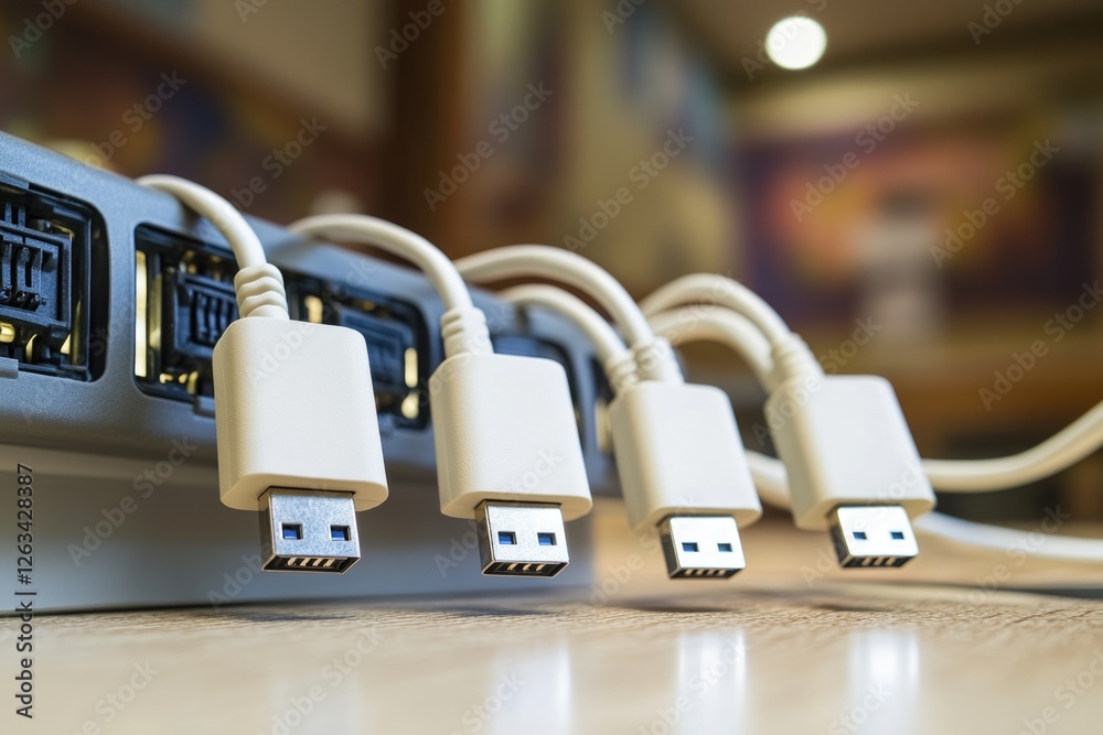 Aufkleber Close-up of various cables connected to a computer, ideal for use in tech-related contexts