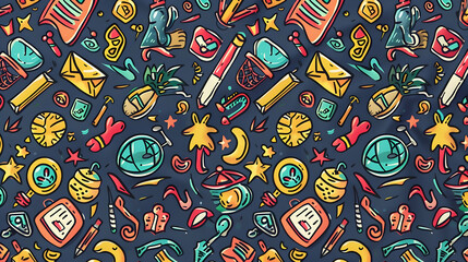 Naklejka premium Colorful flat lay of various doodles including fruits, tools, and everyday objects on a dark background