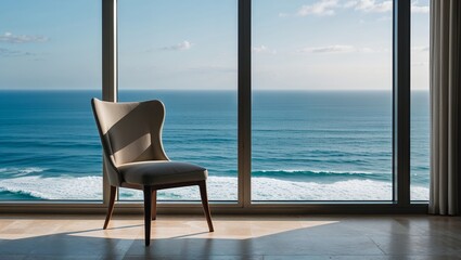 A single chair in a modern room with a large panoramic window offering a stunning ocean view, representing a luxury travel and relaxation concept