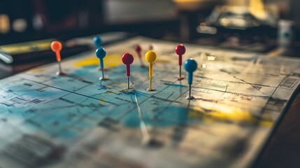 Business roadmap laid out on a desk with colorful markers indicating key locations and milestones for strategic planning