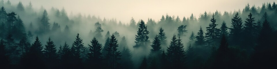 Fototapeta premium A dense fog surrounds the towering pine trees in this misty forest scene