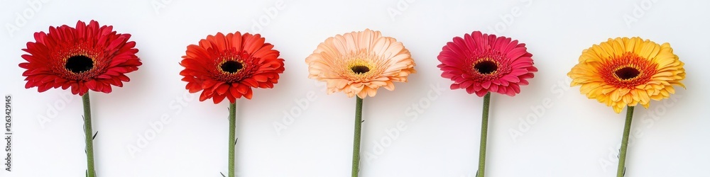 Poster close-up of four variously colored flowers arranged on a white background, ideal for use in graphic 