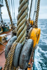 Obraz premium Thick rope coils around weathered ship pulleys.
