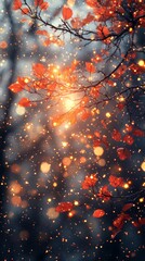 Autumn branches with red leaves illuminated by glowing golden bokeh lights in a dreamy atmosphere