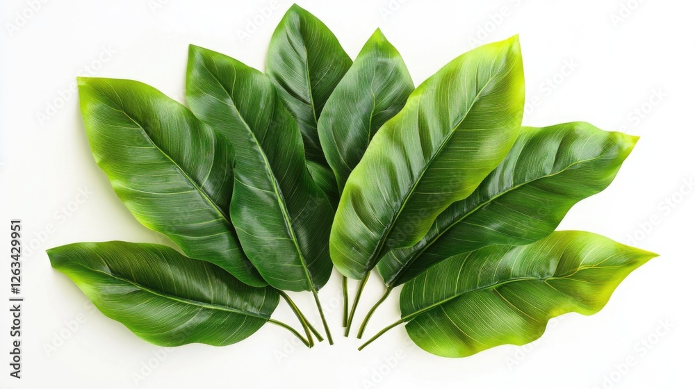 Poster Close-up shot of a cluster of green leaves on a white background, ideal for use in still life compositions or as a texture element