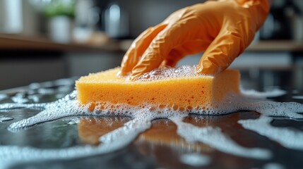 Hand in orange glove cleaning kitchen countertop with soapy sponge