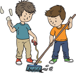 Vector Illustration of Two Boys Cleaning the Park Together - Isolated Concept of Teamwork and Environmental Awareness