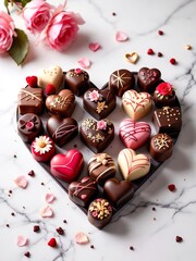 International Women&rsquo;s Day. Heart-shaped chocolate box celebrating Valentine's Day with pink roses
