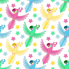 Seamless pattern with flying parrots and flowers on a white background. Flat design. For tanya design, wallpapers, backgrounds, wrapping paper, prints, postcards. Vector illustration