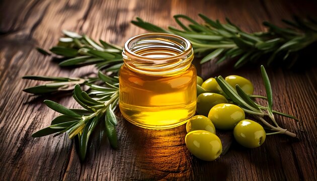 Fresh olives and extra virgin olive oil in a glass jar with rosemary sprigs