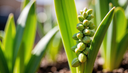Fototapeta premium Macro view of green hyacinth buds in nursery, growth potential