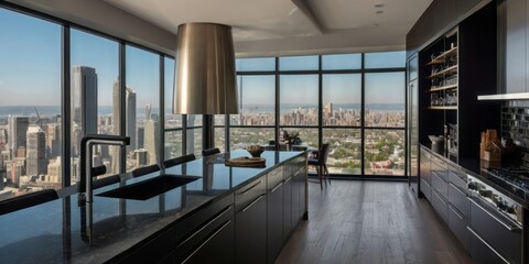 Fototapeta premium Modern City View Kitchen with Dark Cabinets and Island
