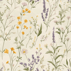 Fototapeta premium A whimsical floral illustration with hand-painted wildflowers like buttercups, daisies, and lavender in soft pastels. The design has a natural, charming quality, perfect for rustic or country-style