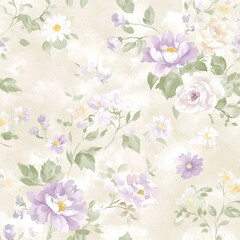 A soft watercolor floral illustration featuring delicate roses, daisies, and peonies in light, airy tones of lavender, cream, and soft pink. The gentle brushwork creates a dreamy, romantic design.