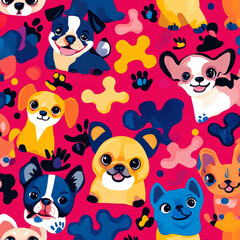 A fun, graphic illustration with different dog breeds like bulldogs, chihuahuas, and poodles surrounded by dog bones and paw prints. The bright colors and bold shapes create a cheerful and