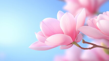 Fototapeta premium Light pink magnolia blossoms bloom against a clear blue sky, creating an elegant and fresh spring aesthetic in soft warm light