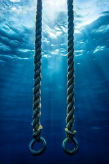 Underwater ropes, sunlit ocean depths, tranquil scene.