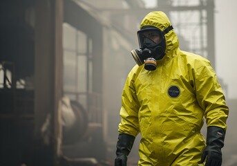 Emergency responder in yellow hazmat suit and gas mask at chemical accident scene. Industrial safety, toxic spill cleanup, and disaster response concept.