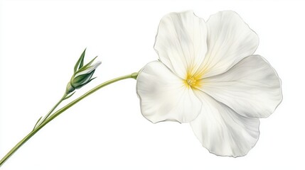 Fototapeta premium Elegant watercolor painting of a delicate white primrose flower with a soft yellow center and green stem, ideal for botanical designs.