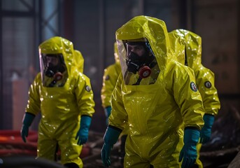 Emergency responders in yellow hazmat suits at chemical incident site. Toxic spill cleanup team with protective gear. Industrial safety and biohazard response concept.